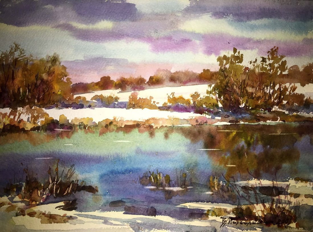Early spring watercolor painting Viktor Mikhailichenko: Title: Early spring watercolor painting Viktor Mikhailichenko Description: No194 * TITLE: "Early spring" * ARTIST: Viktor Mikhailichenko * SIZE: 21x30 cm/'8.26x11,81 inches' * MEDIUM: watercolor,