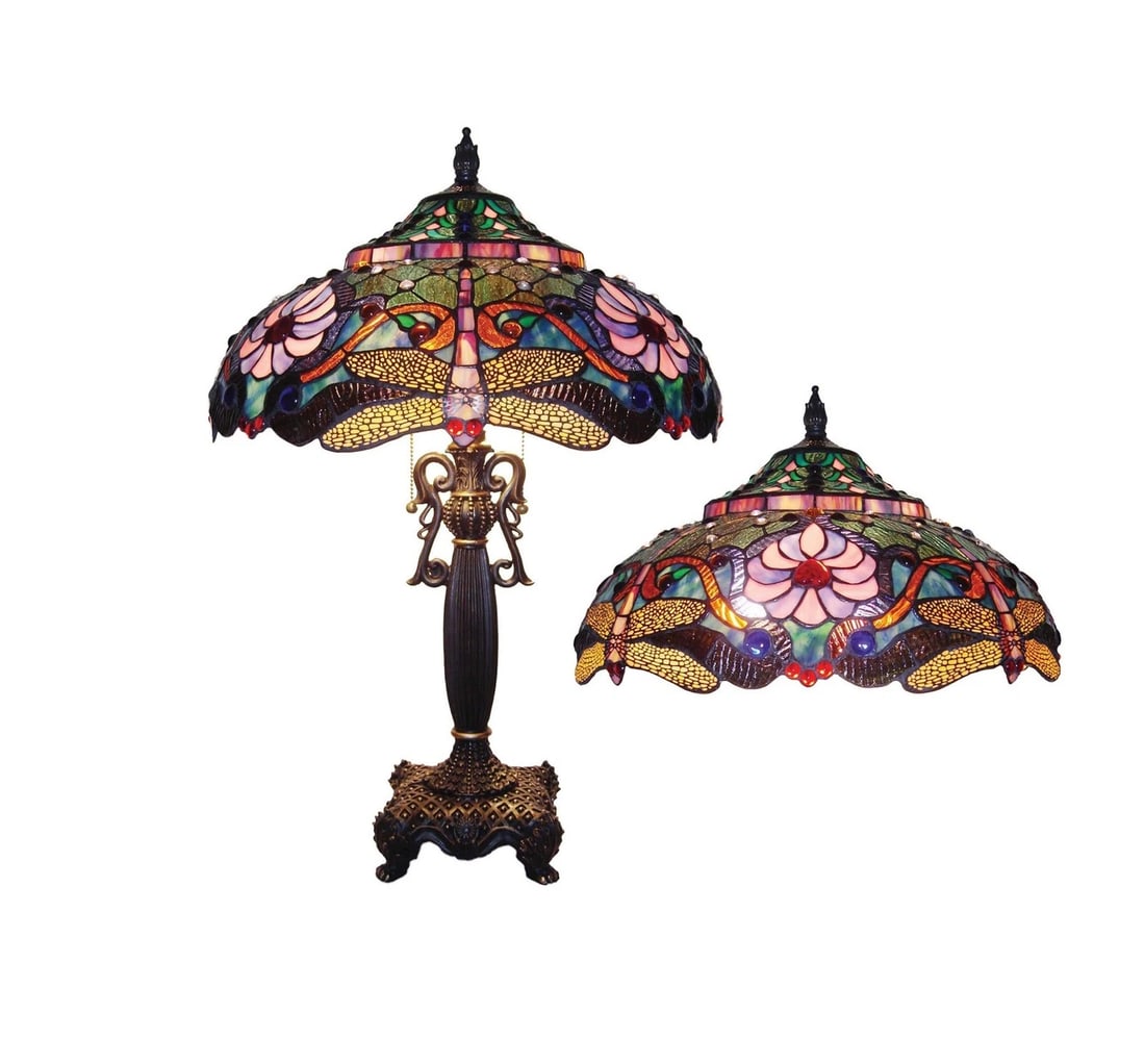 27" Tiffany Style Dragonfly Stained Glass Table Lamp 2 Light Victorian Lamp: 27" Tall 19" Wide Reproduction Tiffany-style stained glass table lamp featuring an elaborate dragonfly motif, one of the most iconic designs associated with the American Art Nouveau movement and the