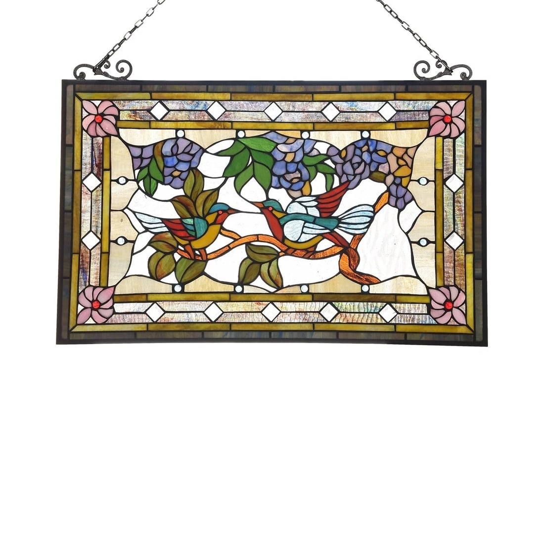 31.9" Tiffany Style Stained Glass Window Panel Birds & Floral Design: 19.88" Wide x 31.8" High Such a wonderful new reproduction stained glass window panel featuring a bird and floral design, inspired by early 20th-century nature-themed glasswork. Panels of this type