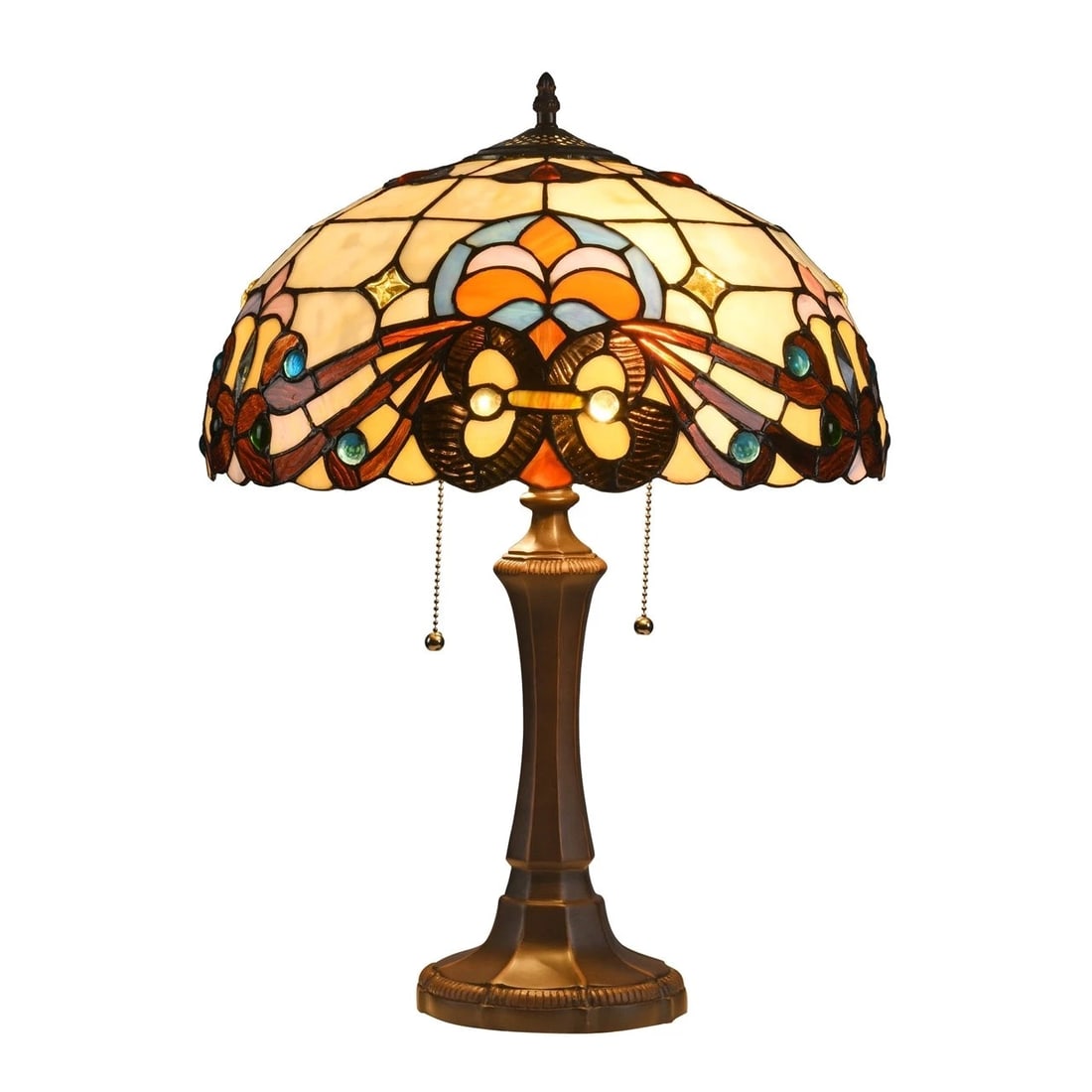 21.85" 2 Light Pull Chain Stained Glass Table Lamp: 21.85" High 15.9" Wide Shade Tiffany-style stained glass table lamp inspired by decorative lighting popular during the late 19th and early 20th centuries. Lamps of this type follow designs associated