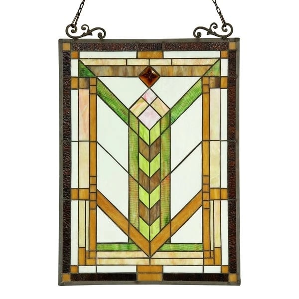 24.6" Craftsman Style Stained Glass Window Hanging Panel Suncatcher: 24.6 x 17.3 Such a wonderful reproduction hand crafted Tiffany-glass window panel. The technique used to make this panel are the same used by Louis Tiffany in the early 1900s. Each piece of glass is