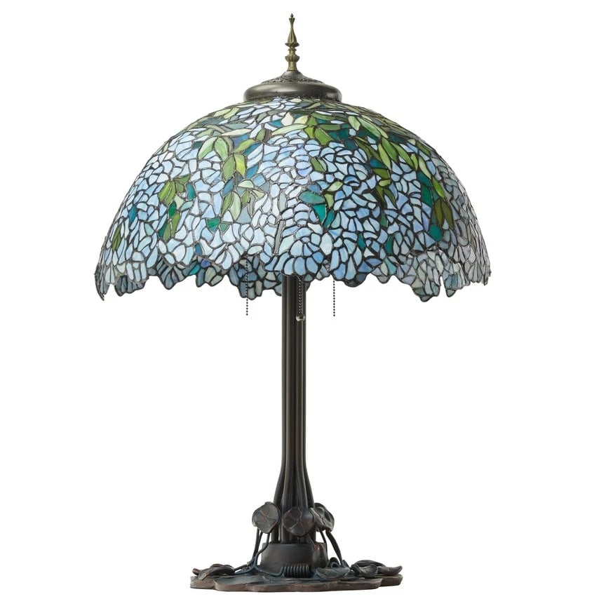 32"H Wisteria Tiffany-Style Stained Glass Table Lamp: 32" Tall x 22" Wide Wonderful new reproduction stained glass table lamp. This traditional Tiffany-style table lamp features a stained glass bowl shade showcasing the wisteria floral design. The