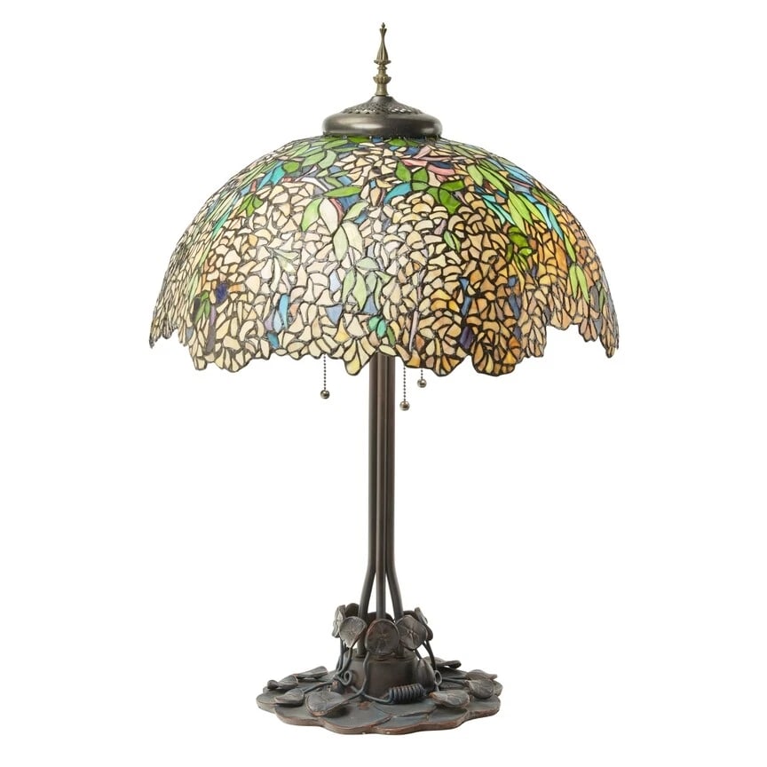 31.75"H Laburnum Stained Glass Table Lamp: 22"L x 22"W x 31.75"H Bring antique charm to your indoor lighting with this new reproduction stained glass table lamp. This traditional Tiffany-style table lamp features a stained glass bowl shade