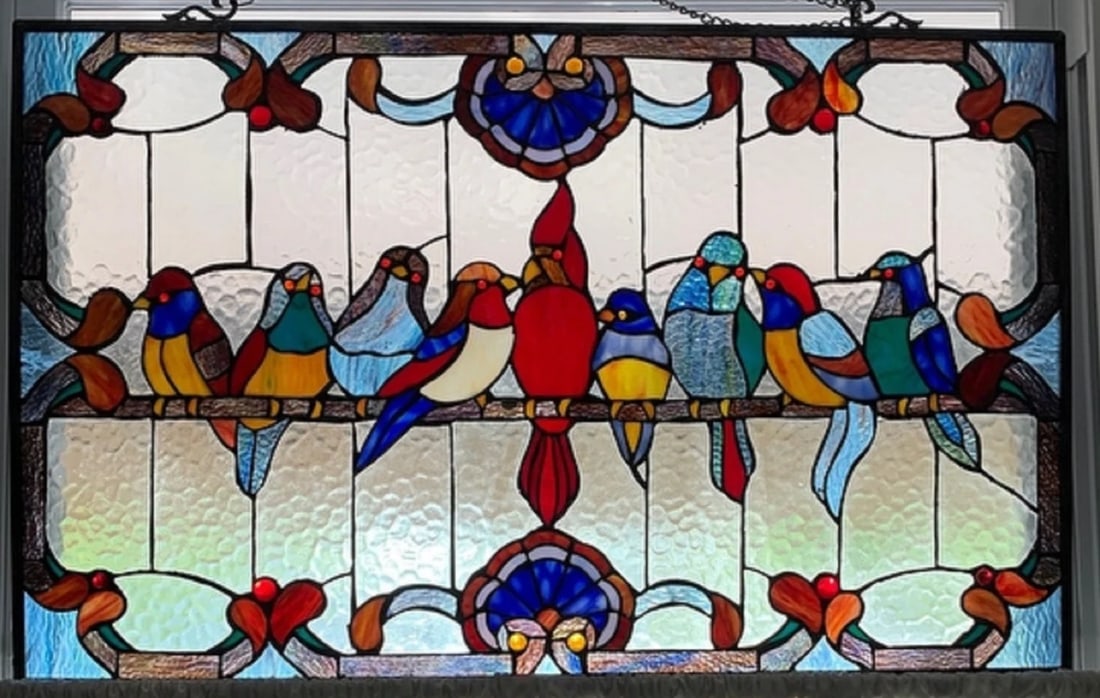 32" Robin Birds Stained Glass Window Hanging Panel Suncatcher: 20" Wide x 32" High Such a wonderful reproduction stained glass window panel. The technique used to make this window is the same used by Louis Tiffany in the early 1900s. Each piece of glass is