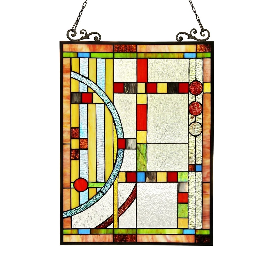 24.8" Mission Style Stained Glass Window Hanging Panel Suncatcher: 24.8 x 17.5 Such a wonderful reproduction hand crafted Tiffany-glass window panel. Certain to brighten up any room! The technique used to make this panel are the same used by Louis Tiffany in the