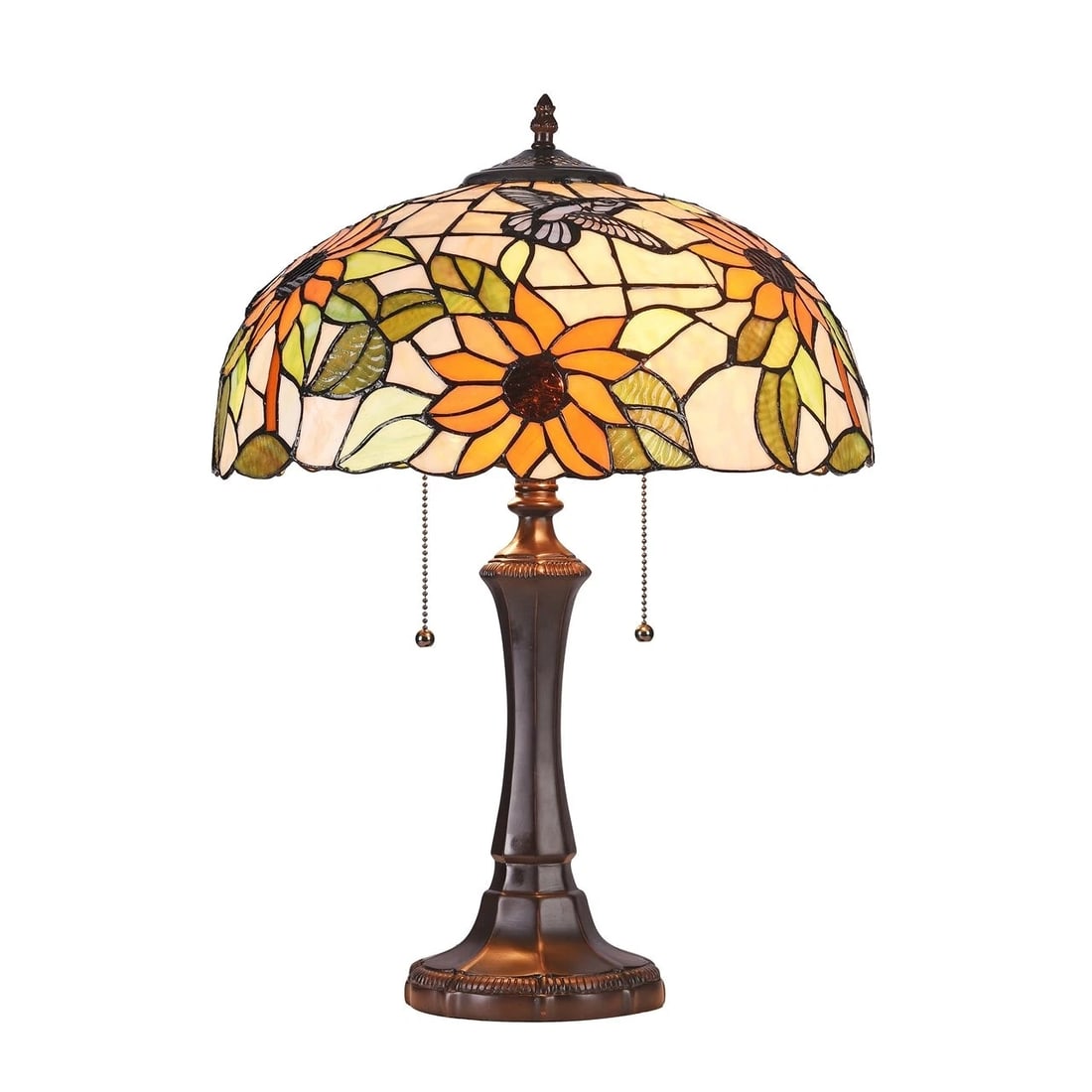 22.2" Tiffany-Style Sunflower Stained Glass Table Lamp: Tiffany-Style Reproduction Sunflower Stained Glass Table Lamp This Tiffany-style table lamp features a beautifully hand-crafted stained glass shade with warm sunflower motifs in amber, honey, and