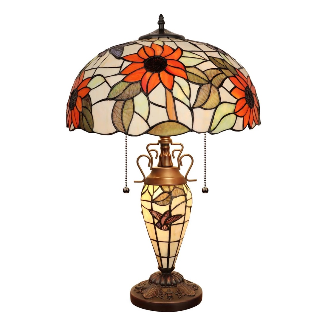 24.21" Stained Glass Sunflower Lighted Base Table Lamp: Tiffany-Style Stained Glass Table Lamp with Sunflower & Hummingbird Design This Tiffany-style reproduction table lamp features a vibrant sunflower stained glass shade paired with a matching