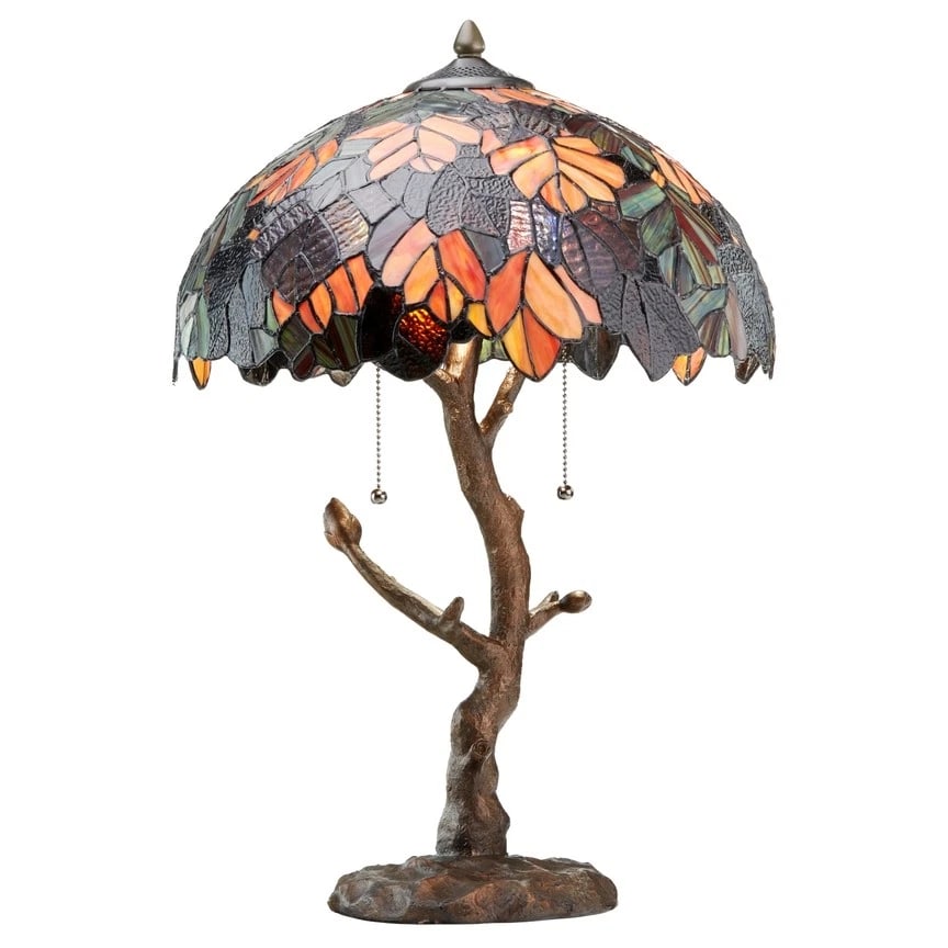 24.5"H Fall Tree Stained Glass Table Lamp: Overall Dimensions: 16"L x 16"W x 24.5"H This traditional reproduction bedside table lamp features a unique base with a novelty tree trunk shape. The shade features Orange, brown, and red glass cuts