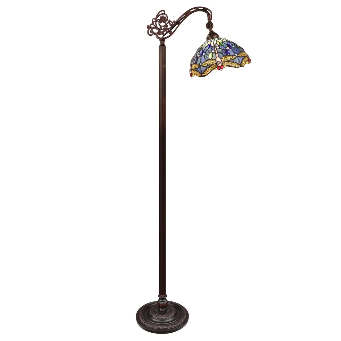 61.9" Stained Glass Dragonfly Floor Reading Lamp: 61.9" Tall 11" Shade (1) 100 watt (not included) Wonderful reproduction reading lamp handcrafted in the spirit of the original artisans who brought light to the decorative arts of the early 1900s.