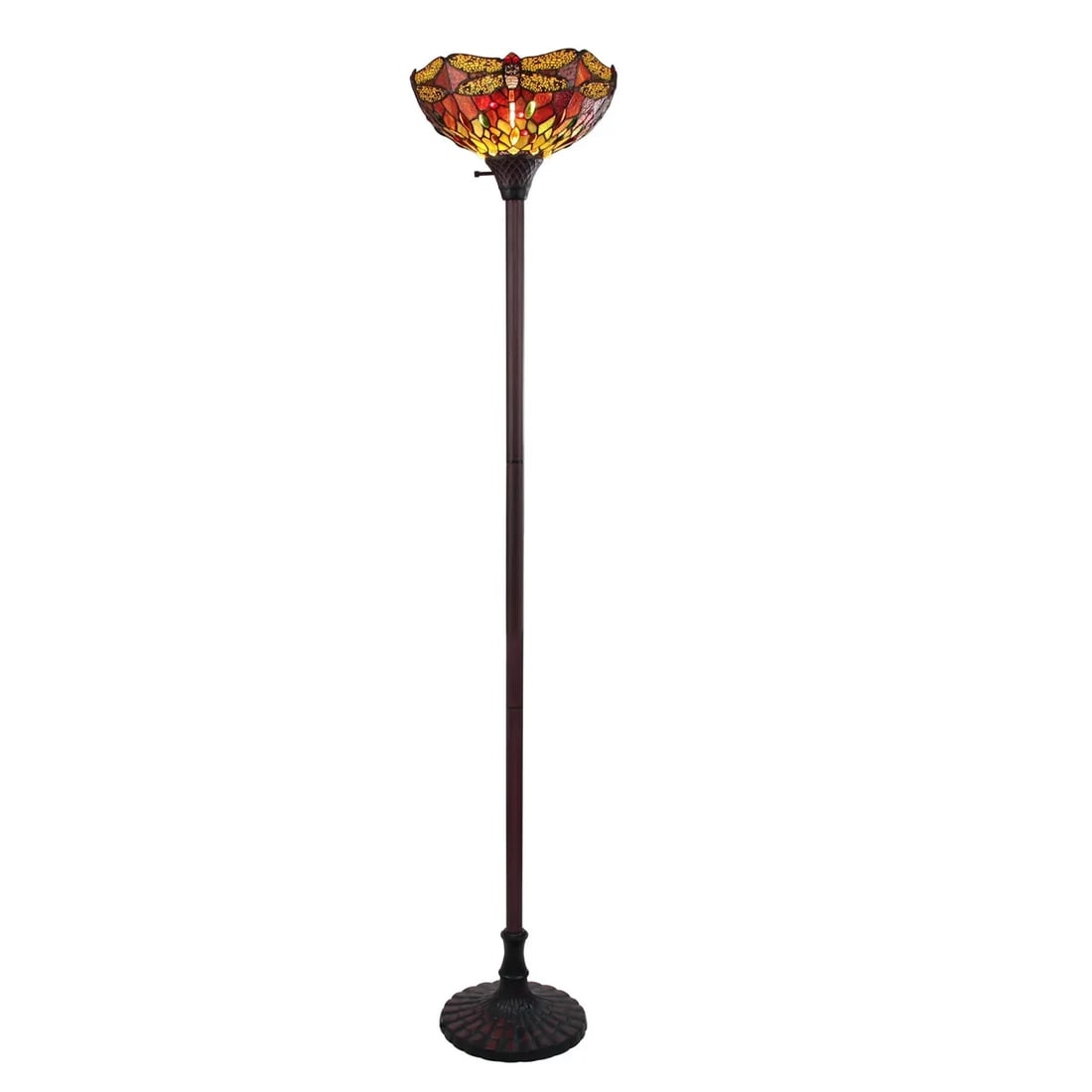 69.49" Stained Glass Floor Lamp: 69.49" tall 14" Shade (1) 100 Watt max E26 Type A Bulbs (not included) Wonderful reproduction floor lamp handcrafted in the spirit of the original artisans who brought light to the decorative arts of