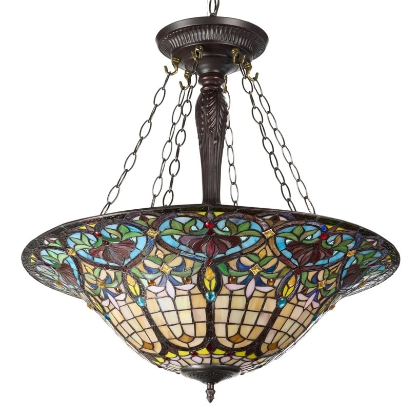24" Wide Stained Glass Inverted Pendant Uplight Ceiling Light: Weight: 13.18 lb (5.98 kg) Dimensions: 24 x 24 x 84 in (61 x 61 x 213.4 cm) This stunning reproduction stained ceiling light adds a touch of timeless beauty to any room. Illuminate your home with styl