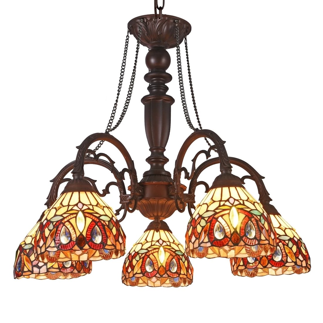 27" 5 Light Stained Glass Hanging Down Light Chandelier: (5) 60 Watt max E26 Type A Bulb (not included) 27" Width 24.6 Height 82" Max Hanging Illuminate your space with the timeless beauty of our reproduction Traditional 5 light hanging light fixture. This 