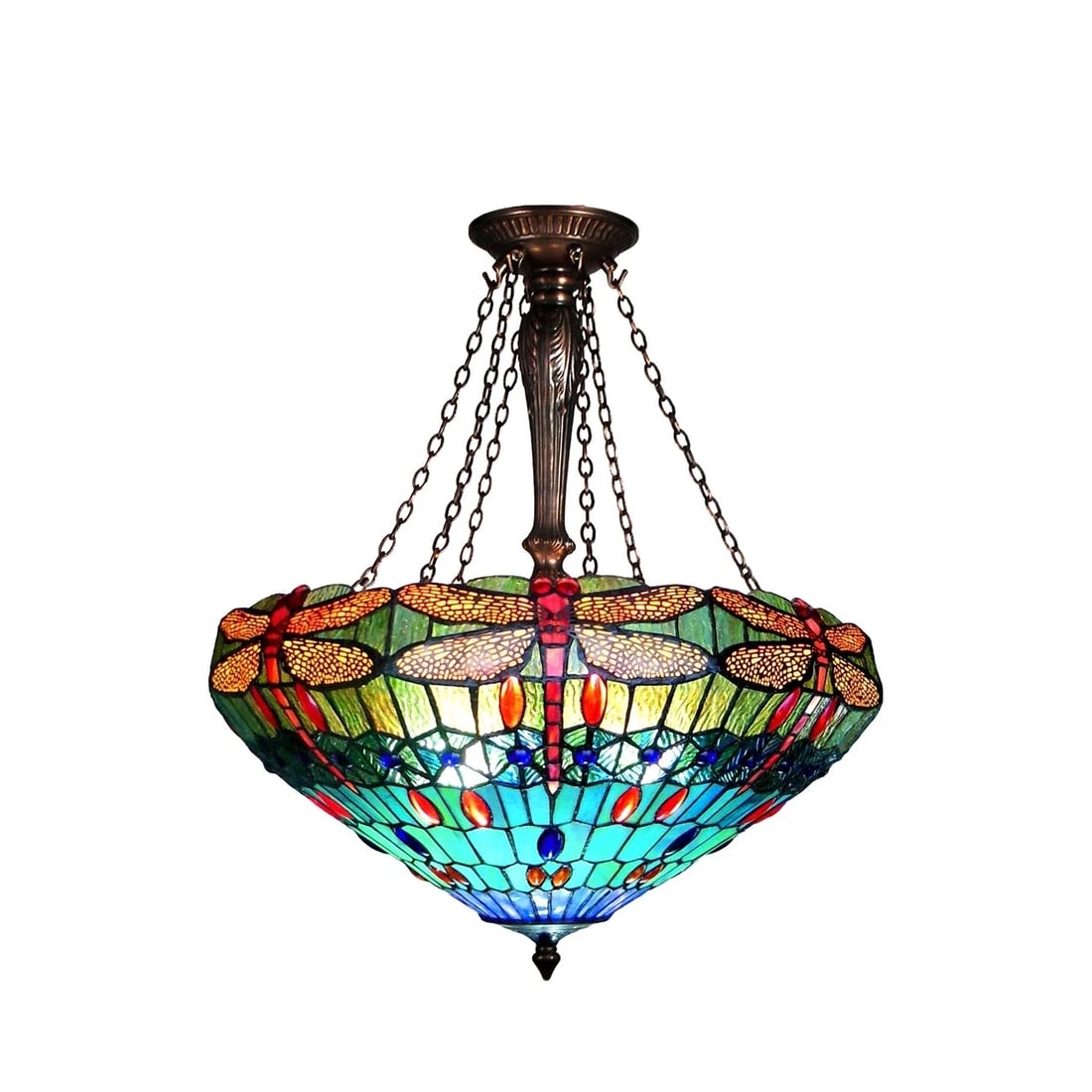 24" Wide Stained Glass Dragonfly Inverted Pendant Ceiling Light: 24" Wide 26" Height This stunning reproduction stained ceiling light adds a touch of timeless beauty to any room. Illuminate your home with style and sophistication using this captivating ceiling ligh
