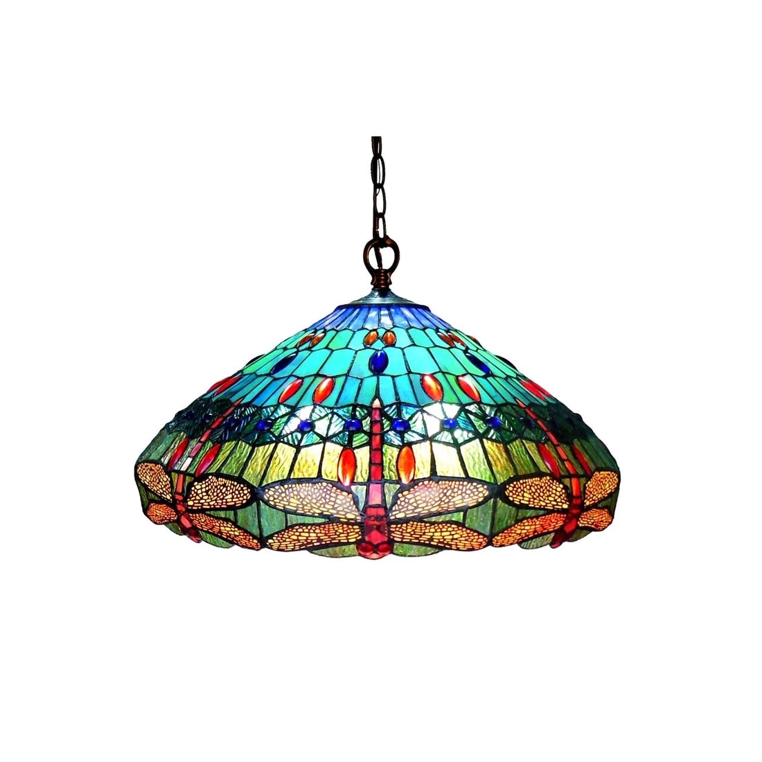 24 " Stained Glass Dragonfly Pendant Swag Ceiling Light: 24" Wide This stunning reproduction 24" stained glass shade adds a touch of timeless beauty to any room. Illuminate your home with style and sophistication using this captivating ceiling light fixture