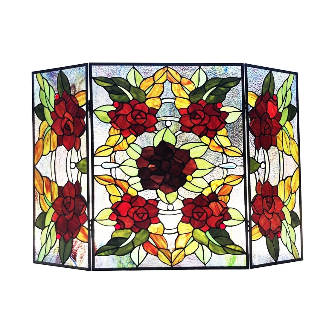 40" Folding Stained Glass Fireplace Screen: 39.5" Wide x 26" Tall A stunning reproduction stained glass fireplace panel meticulously handcrafted from pieces of hand cut stained art glass. Each individual piece of stained glass is meticulously l