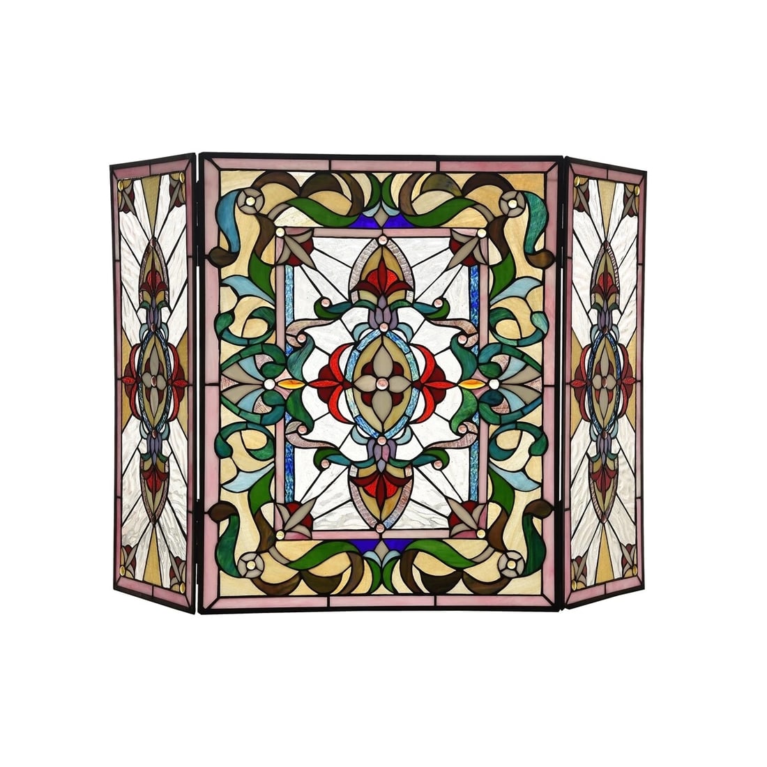 44" Folding Stained Glass Fireplace Screen: 44" Wide x 28" Tall A stunning reproduction stained glass fireplace panel meticulously handcrafted from pieces of hand cut stained art glass. Each individual piece of stained glass is meticulously lin