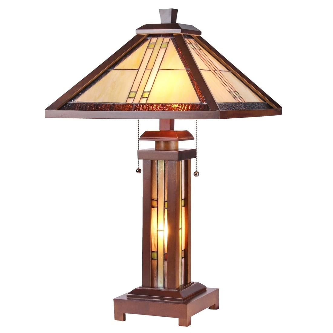 25.6 3 light Stained Glass Wood Mission Table Lamp: 25.6" Tall x 15" Wide Illuminate your space with the timeless beauty of our reproduction Traditional Mission-Style Table Lamp. This exquisite lamp features a hand-made stained glass shade perfectly