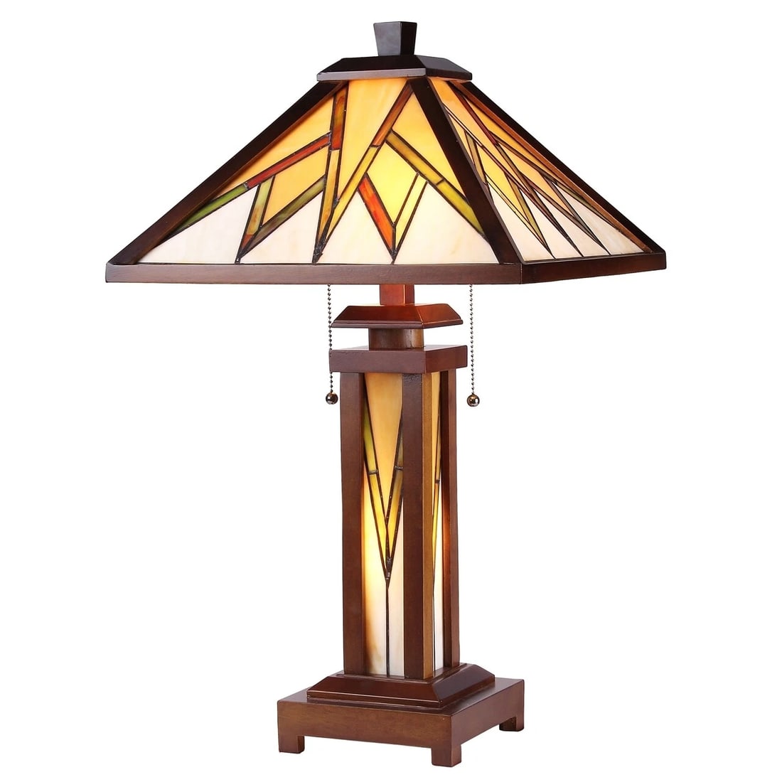 25.6 3 light Stained Glass Wood Mission Table Lamp: 25.6" Tall x 15" Wide Illuminate your space with the timeless beauty of our reproduction Traditional Mission-Style Table Lamp. This exquisite lamp features a hand-made stained glass shade perfectly