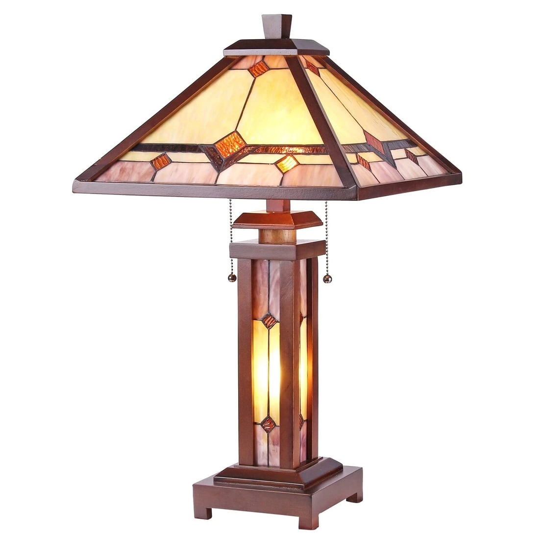 25.6" 3 light Stained Glass Mission Table Lamp: 25.6" tall 15" wide shade Illuminate your space with the timeless beauty of our reproduction Traditional Mission-Style Table Lamp. This exquisite lamp features a hand-made stained glass shade