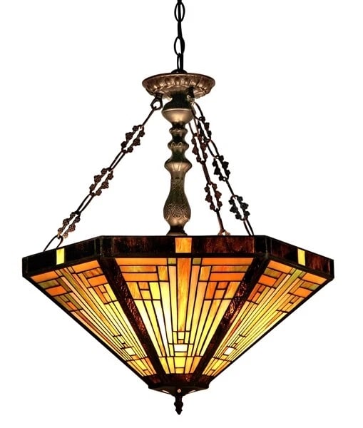 21.7" W 3 Light Stained Glass Hanging Inverted Pendant Ceiling Uplight: (3) 100 Watt max E26 Type A Bulb (not included) 21.7" Width 24.3 Height 84" Max Hanging Illuminate your space with the timeless beauty of our reproduction Traditional Mission-Style inverted hanging