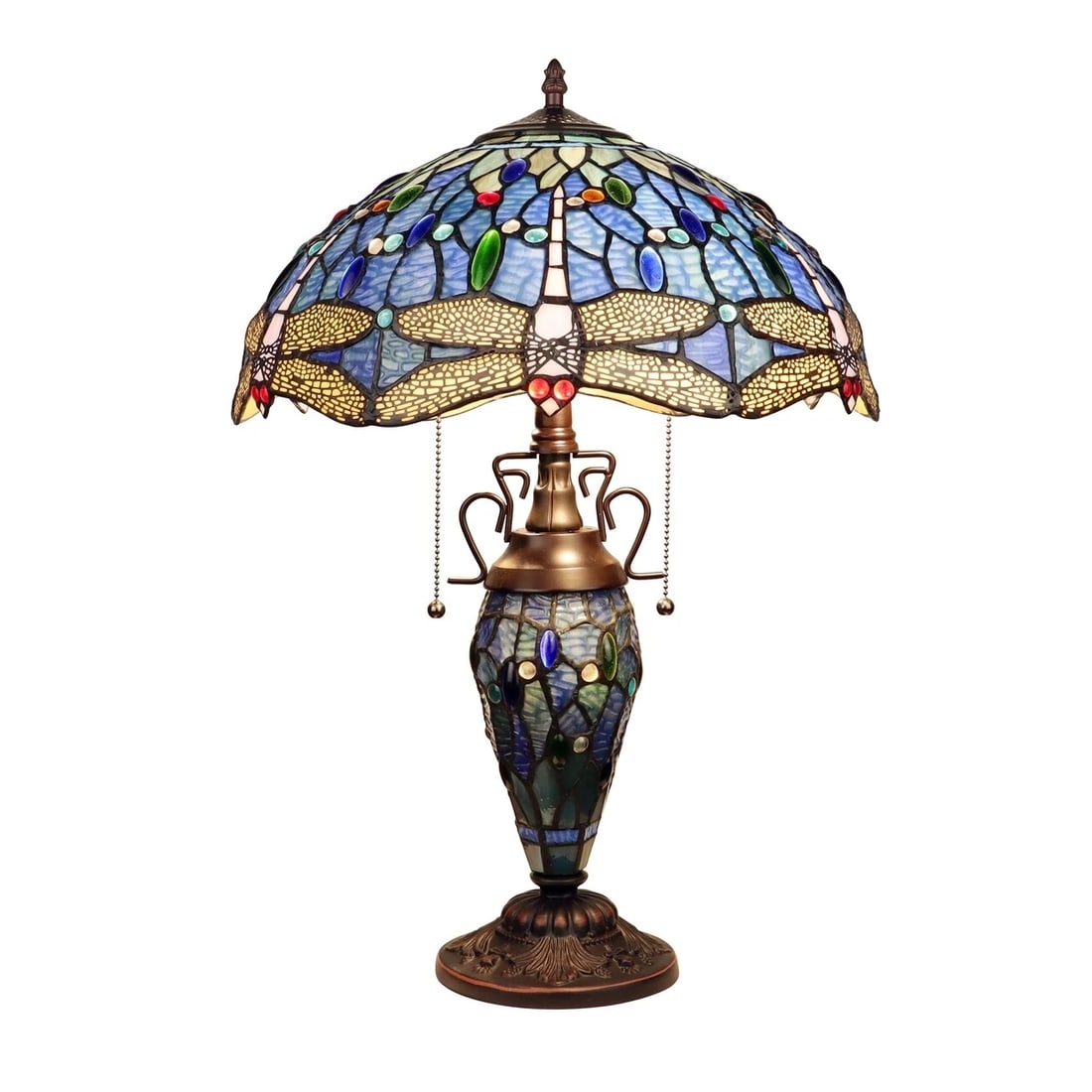 23" Stained Glass Dragonfly Lighted Base Table Lamp: 23" Tall x 16.14" Wide Illuminate your space with the timeless beauty of our reproduction table lamp. This exquisite lamp features a hand-made stained glass shade Ideal for adorning bedside tables,