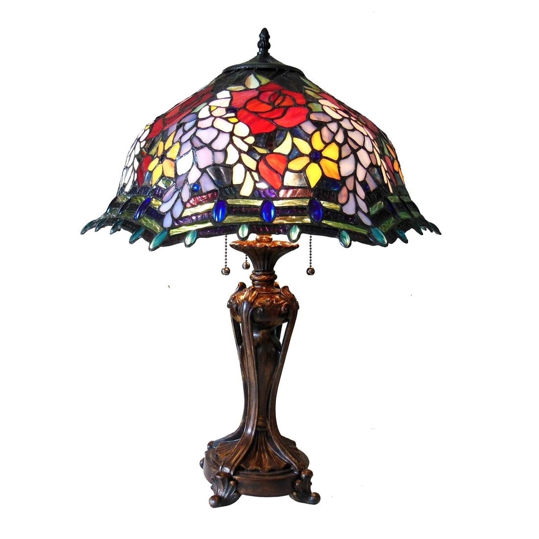 26" Stained Glass Rose Floral Table Lamp: 26" Tall x 20" wide Illuminate your space with the timeless beauty of our reproduction table lamp. This exquisite lamp features a hand-made stained glass shade Ideal for adorning bedside tables,