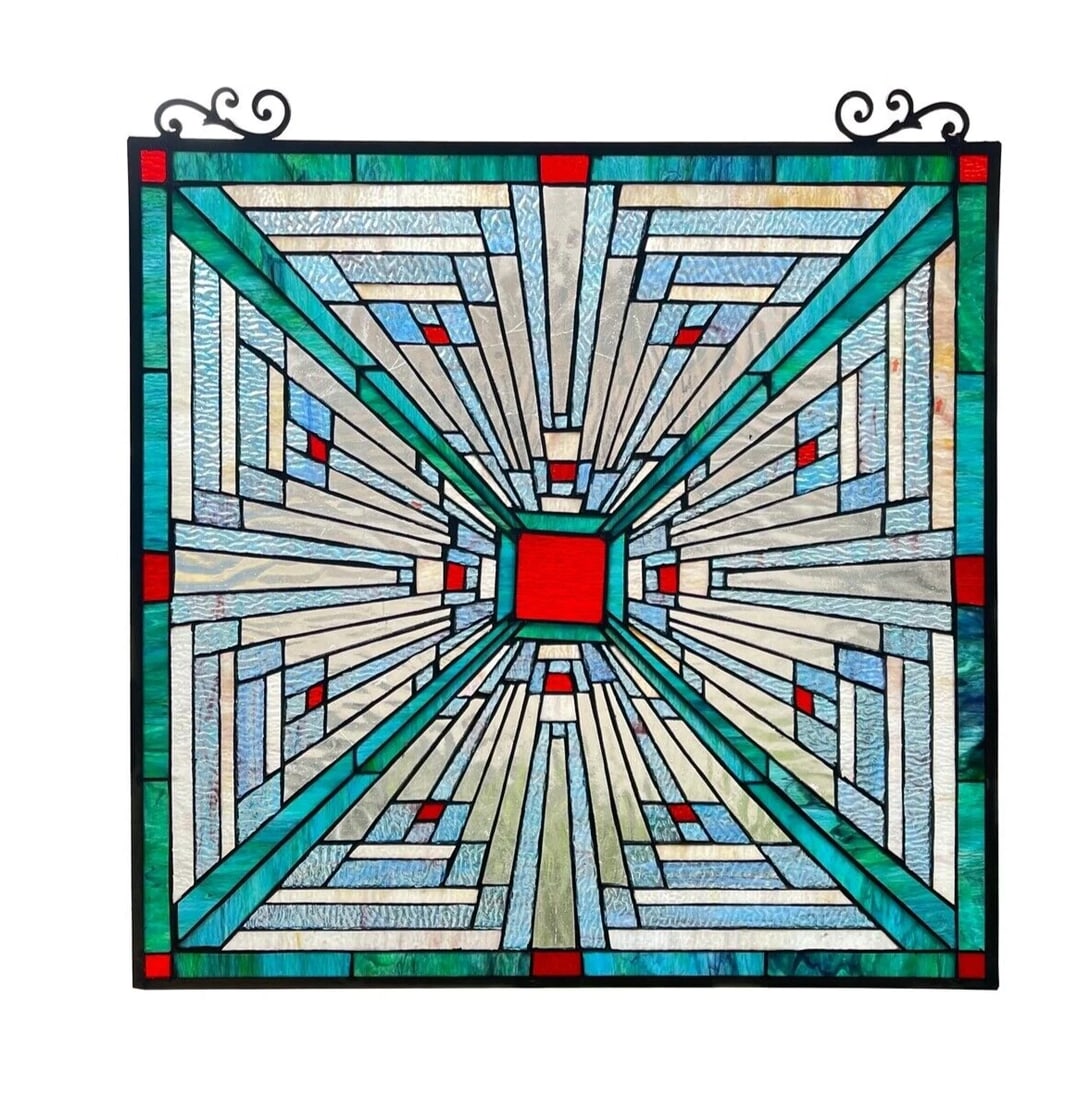 26" Mission Stained Glass Hanging Window Panel: 25.98" High x 24.61" Wide Such a wonderful reproduction mission design window panel Made from individually hand-cut pieces of art glass and also includes attached hooks and chain for easy