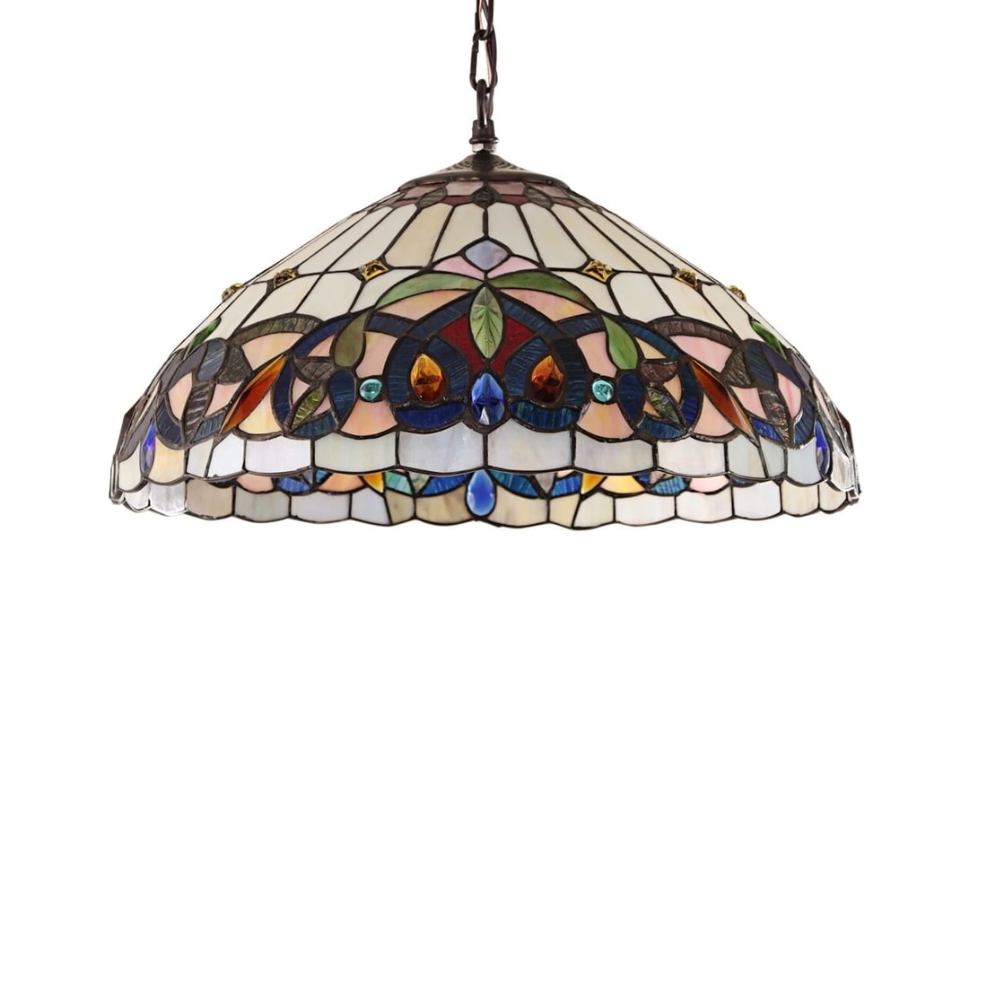 18.11 " Stained Glass Pendant Swag Ceiling Light: 2 socket 100w max each socket. LED recommended. 18.11" wide This stunning reproduction 18.11" stained glass shade adds a touch of timeless beauty to any room. Illuminate your home with style and