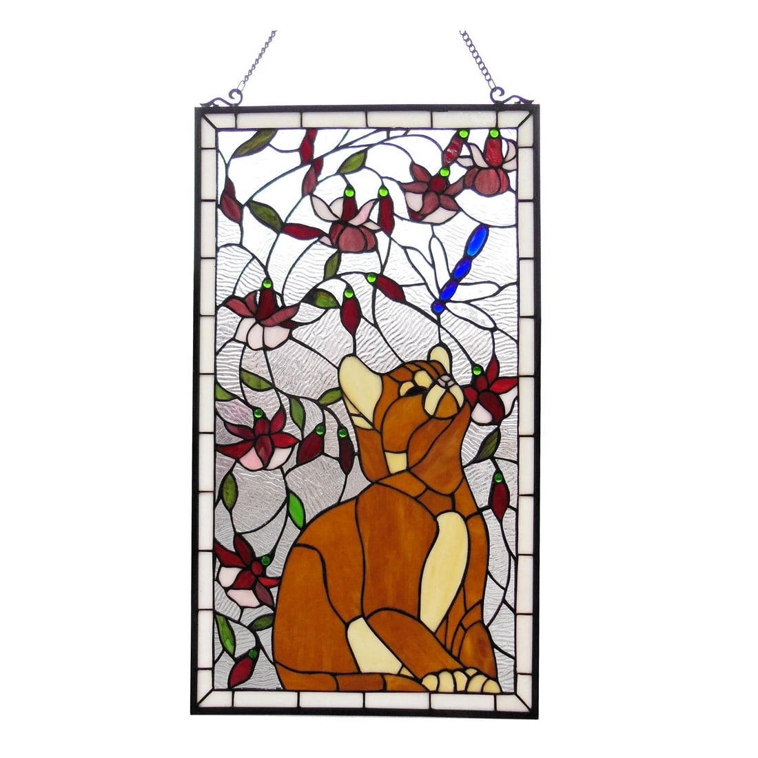 31" Cat Stained Glass Window Hanging Panel Suncatcher: 18" Wide x 31" High Such a wonderful new reproduction stained glass window panel. This panel is a true testament to the beauty and craftsmanship of stained glass art, and it is the perfect addition