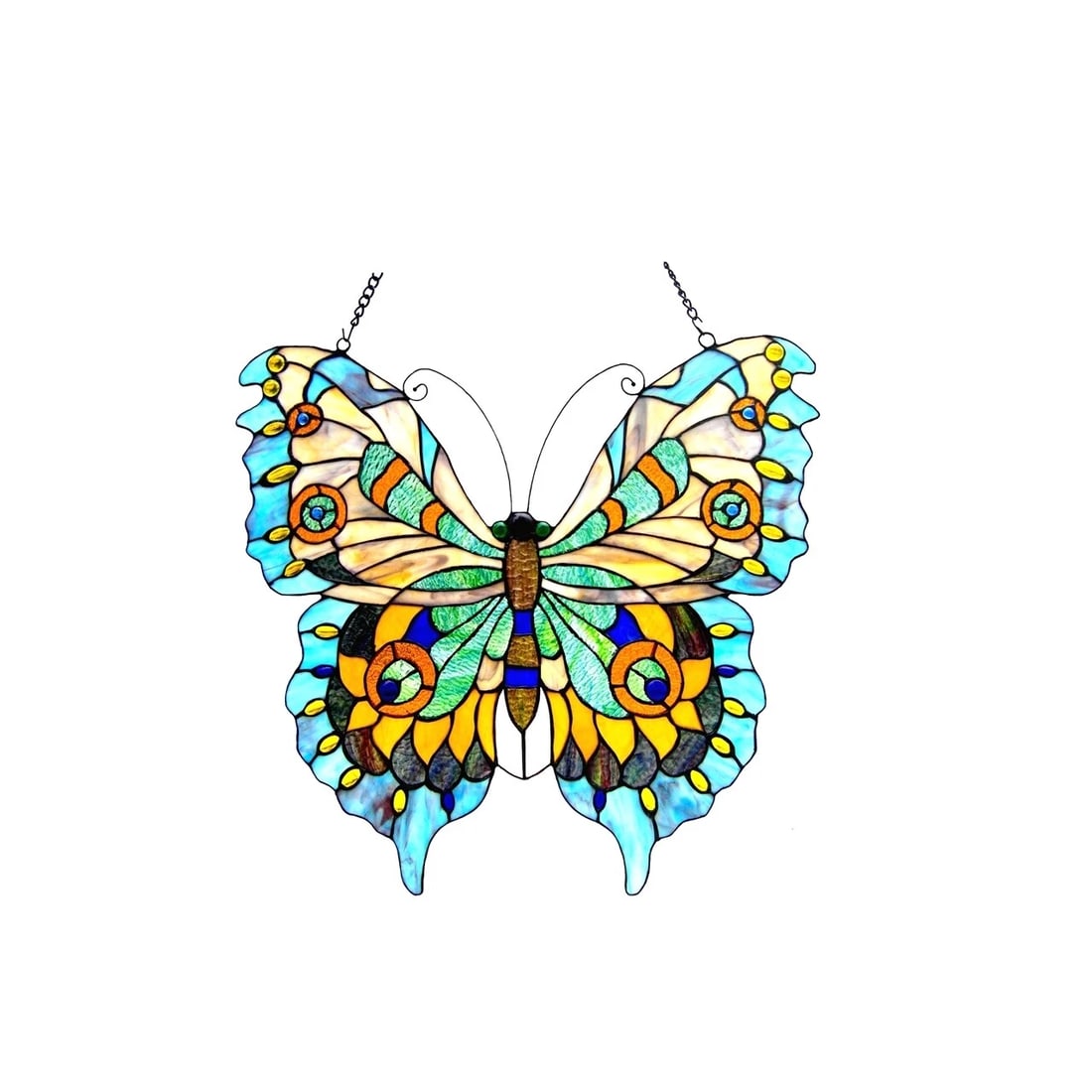 21" Blue Butterfly Stained Glass Window Hanging Panel Suncatcher: Description 21" Wide x 20" tall Great reproduction glass butterfly panel. This piece is hand made from individually cut pieces of glass. The technique used to make this window are the same used by