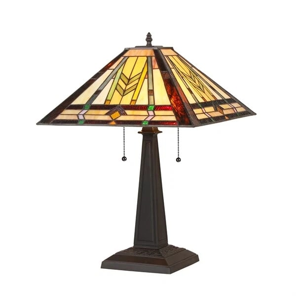 22.5" 2 Light Pull Chain Stained Glass Mission Table Lamp: 22.4" High 16" Wide Shade (2) 100 Watt E26 Type A Bulb (not included) Illuminate your space with the timeless beauty of our reproduction Traditional Mission-Style Table Lamp. This exquisite lamp