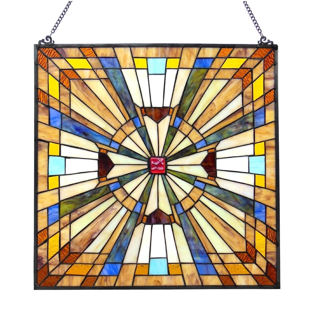 24" Square Mission Stained Glass Hanging Window Panel: 24"x 24" Such a wonderful reproduction window pane in pleasing pastels to bring color and interest to any room. Expertly handcrafted with top quality materials including real stained glass, sparkling