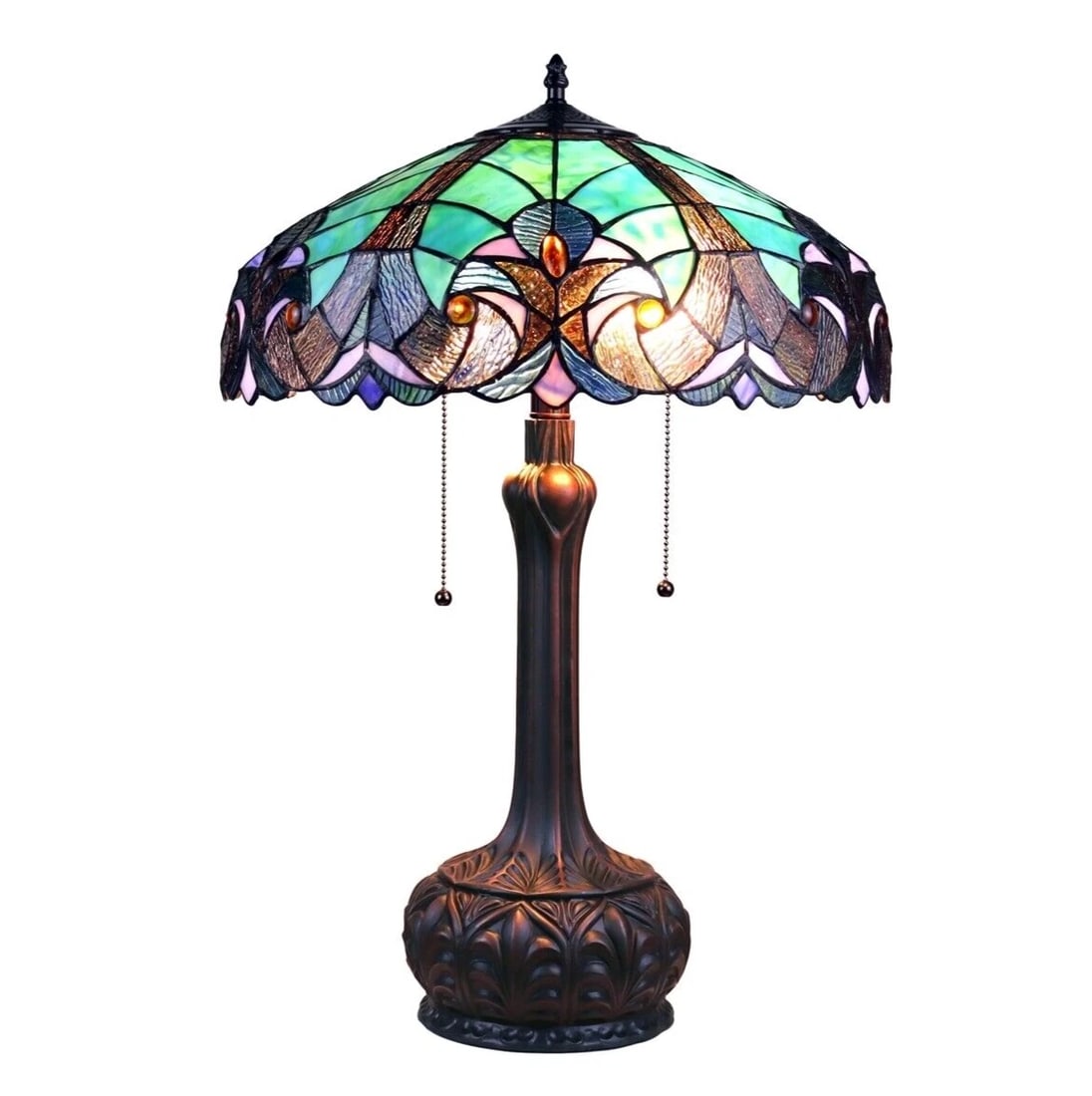 25.78" Stained Glass Table Lamp: 25.78" Tall x 17.5" wide a stunning reproduction stained glass table lamp, featuring an intricately designed base and two convenient pull chain switches. This lamp is a perfect addition to your