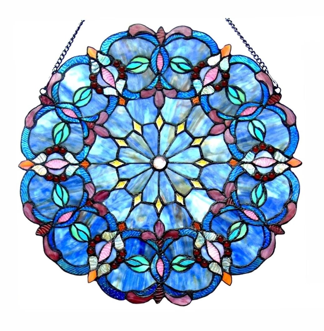 20" Round Stained Glass Window Hanging Panel Suncatcher: Description 20" Wide 28" max hanging height with chain Stunning modern reproduction Tiffany Glass Window Panel This breathtaking window panel boasts an array of vibrant colors, If you're a lover of