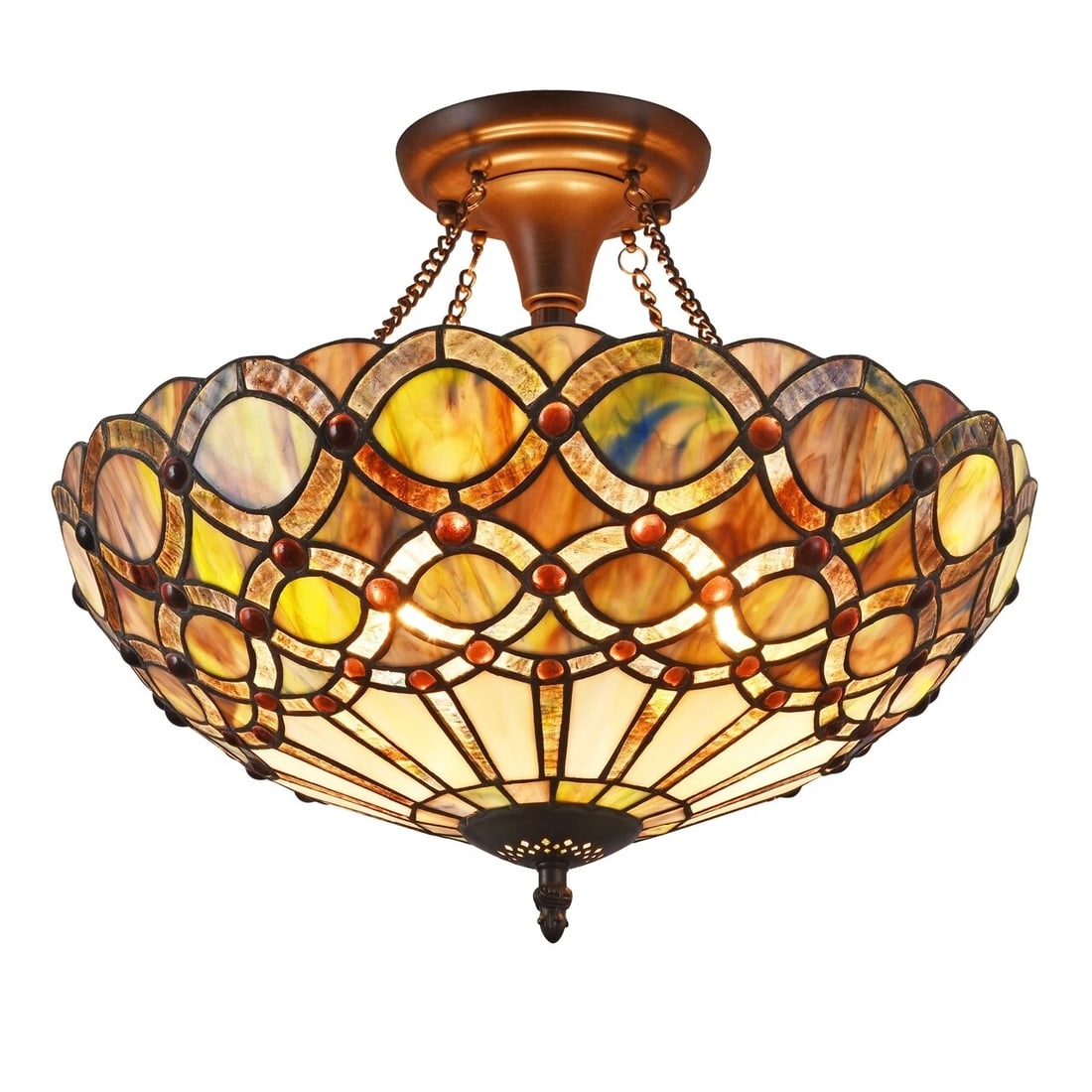16" Stained Glass Semi Flush Ceiling Uplight: (2) 60 Watt Max 16.1" Wide x 13.8" Height Wonderful reproduction stained glass ceiling light! All handmade glass and metal. Certain to add a flash of style to any room. The technique used to make