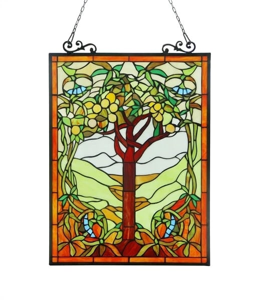 25" Stained Glass Fruit Tree Hanging Window Pane Suncatcher: 25.35" x 17.91 Such a wonderful reproduction stained glass window panel. This panel is a true testament to the beauty and craftsmanship of stained glass art, and it is the perfect addition to any