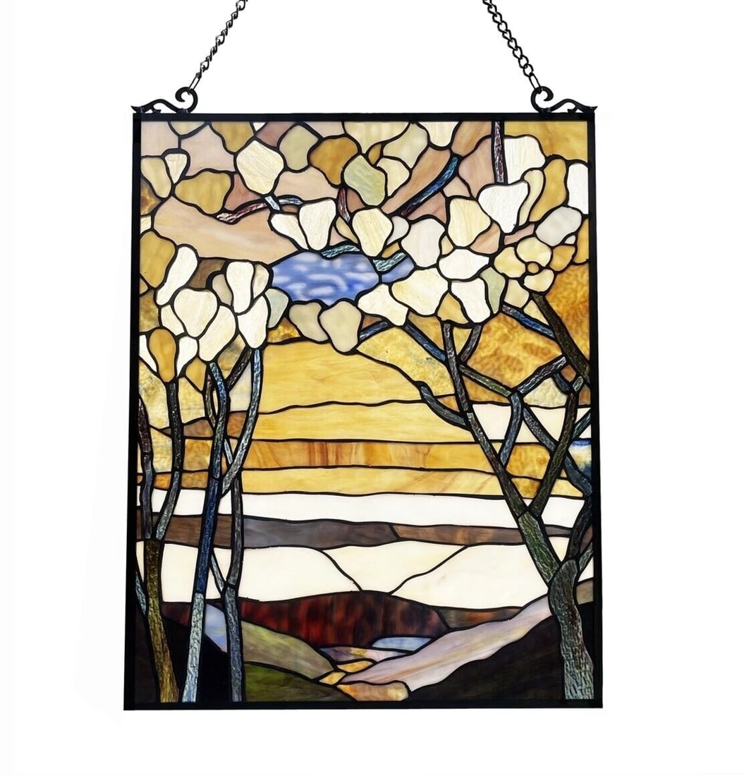 25" Stained Glass Window Hanging Panel Suncatcher: 25"x 19" Such a wonderful reproduction stained glass window panel. This panel is a true testament to the beauty and craftsmanship of stained glass art, and it is the perfect addition to any window in