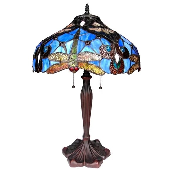 24" Blue Stained Glass Dragonfly Table Lamp: 24" Tall x 17" Wide Illuminate your space with the timeless beauty of our reproduction table lamp. This exquisite lamp features a hand-made stained glass shade Ideal for adorning bedside tables,