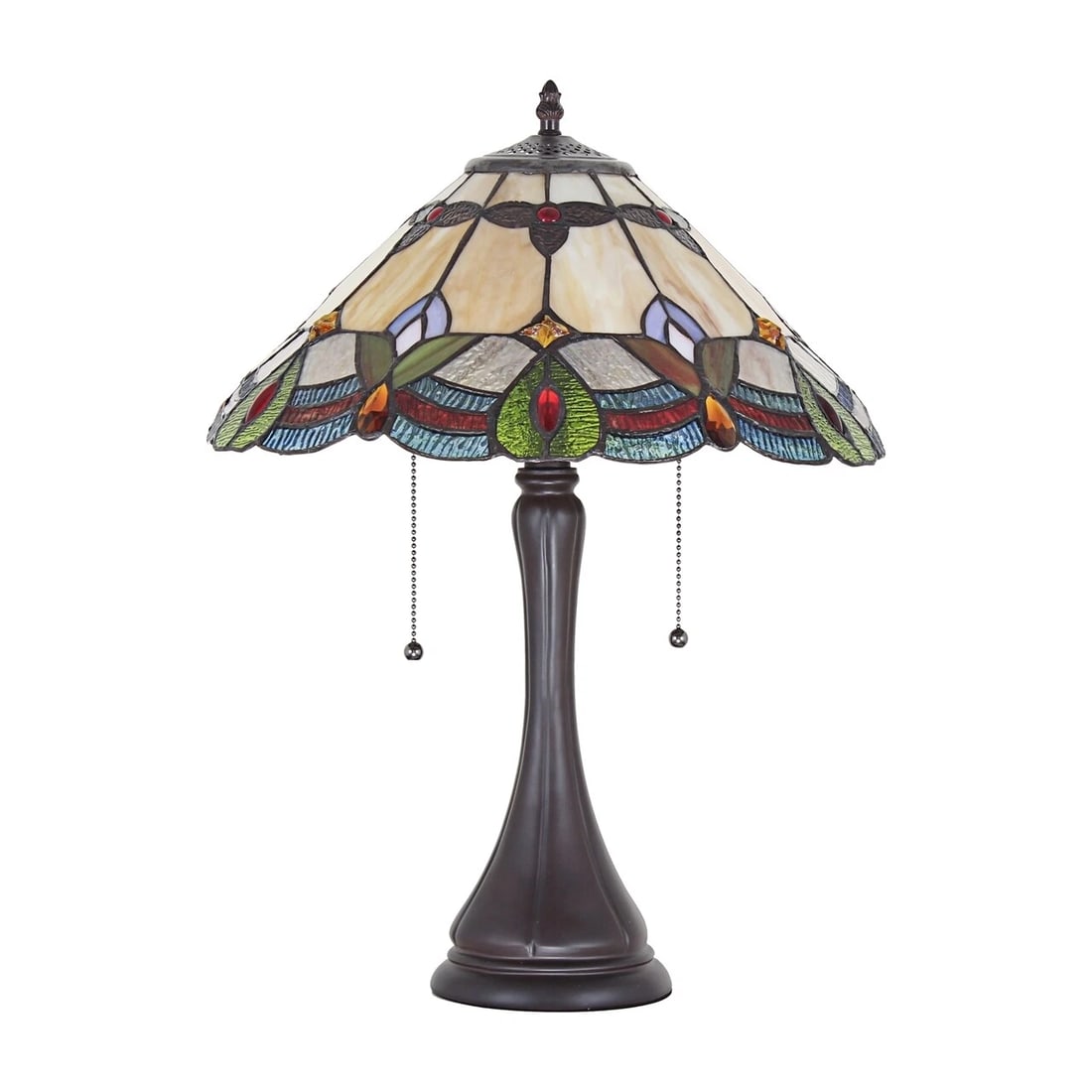 21.3" Amber Cream Colored Stained Glass Table Lamp: 21.3" H x 15.7" W Illuminate your space with the timeless beauty of our reproduction stained glass table Lamp. This exquisite lamp features a hand-made stained glass shade. These captivating