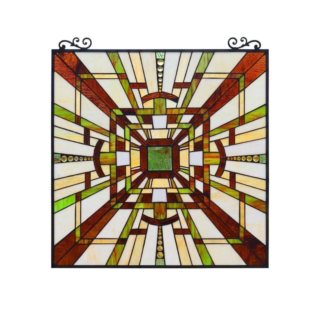 25.7" Mission Stained Glass Hanging Window Panel: 25.7" High x 24.7" Wide Such a wonderful reproduction mission design window panel with a dark bronze finish that will brighten up any room. The beautiful amber, beige, yellow, and multi-color art