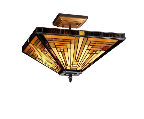14" Mission Stained Glass Semi Flush Ceiling Uplight: (2) 60watt max 14"x 14"x 11.2 height" Wonderful reproduction mission style stained glass ceiling light! Made of all glass and metal. Certain to add a flash of style to any room. Reserve: $180