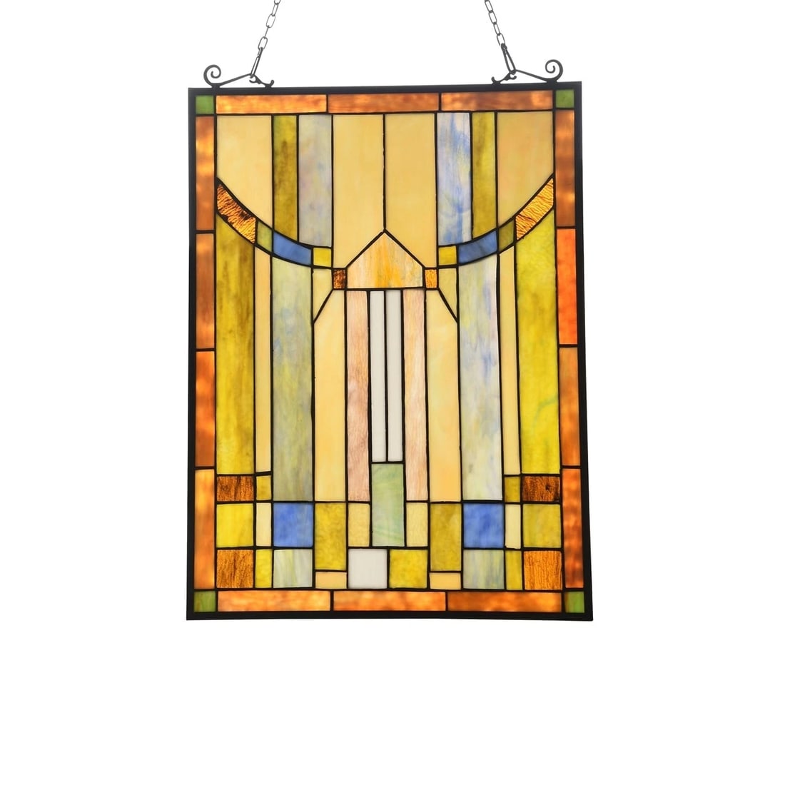 24.5" Mission Style Stained Glass Window Hanging Panel Suncatcher: 24.5 x 17.5 Such a wonderful reproduction stained glass window panel. This panel is a true testament to the beauty and craftsmanship of stained glass art, and it is the perfect addition to any window