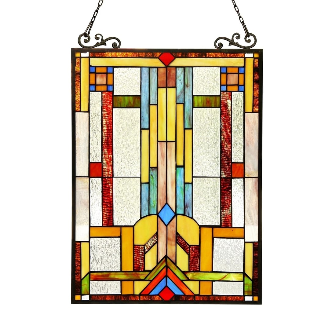 24.8" Mission Stained Glass Window Hanging Panel Suncatcher: 24.8 x 17.5 Such a wonderful reproduction hand crafted Tiffany-glass window panel. Certain to brighten up any room! The technique used to make this panel are the same used by Louis Tiffany in the