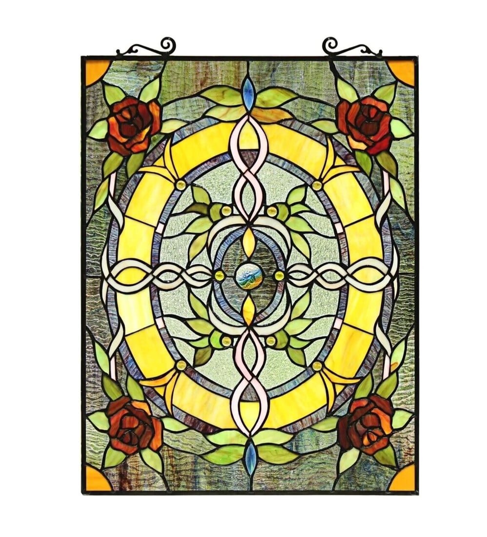 24.8" Stained Glass Window Hanging Panel Suncatcher: 24.8 x 18.11 Such a wonderful reproduction hand crafted Tiffany-glass window panel. Certain to brighten up any room! The technique used to make this panel are the same used by Louis Tiffany in the