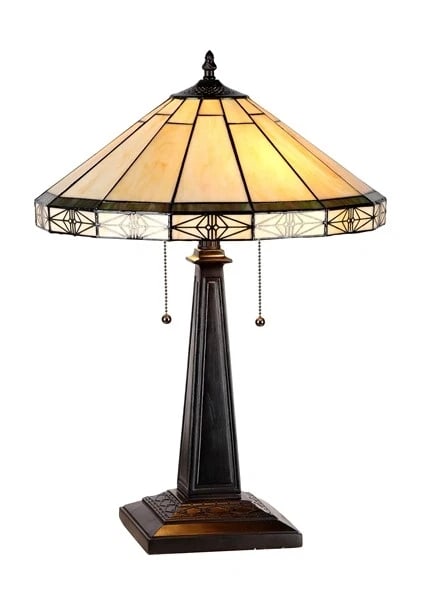 22.6" 2 Light Pull Chain Stained Glass Mission Table Lamp: 22.6" High 15.9" Wide Shade (2) 100 Watt E26 Type A Bulb (not included) Illuminate your space with the timeless beauty of our reproduction Traditional Mission-Style Table Lamp. This exquisite lamp fea