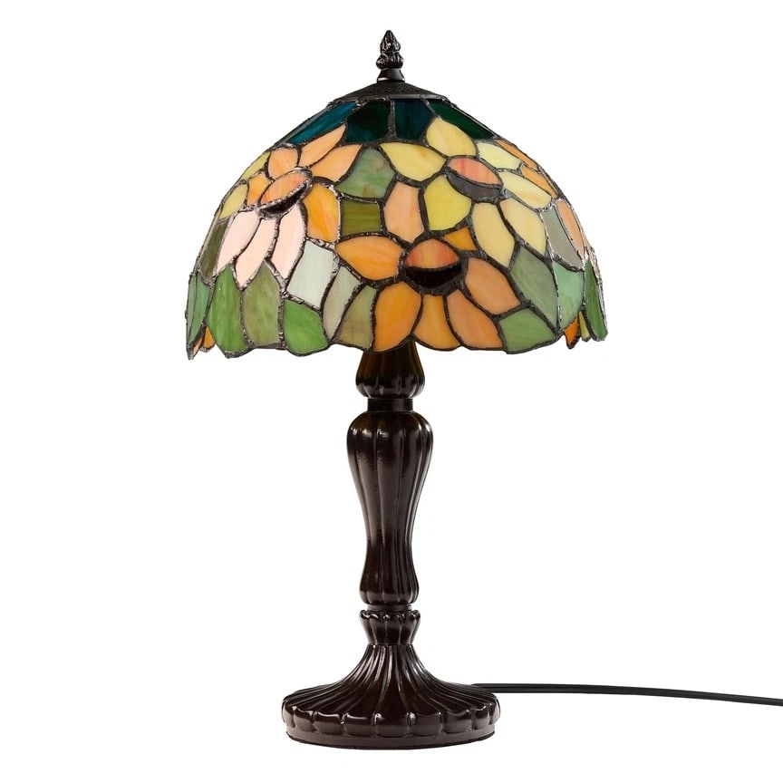 16.5"H Sunflowers Stained Glass Candlestick Table Lamp: Description 16.5" Tall x 10" Wide Great reproduction accent lamp. This piece is hand made from individually cut pieces of glass. The base is made from metal and resin. The technique used to make this 