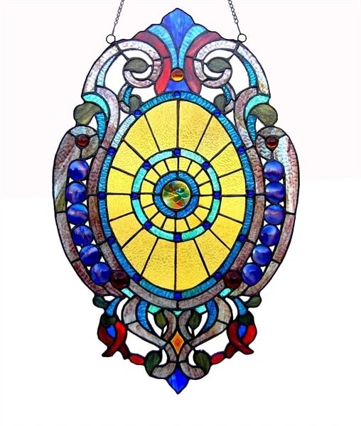 23" Stained Glass Window Panel Suncatcher W Glass Beads: Description 23" High x 15" Wide 33" max hanging height with chain A mesmerizing reproduction stained glass window panel meticulously handcrafted from pieces of hand cut stained art glass. Each individ