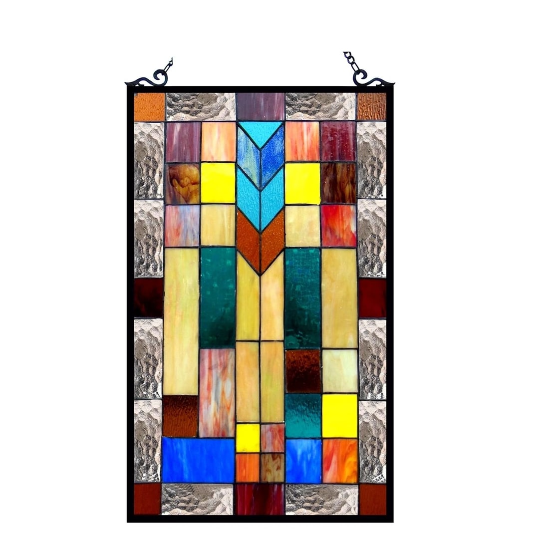 26" Mission Style Stained Glass Window Hanging Panel Suncatcher: 26" x 16" These captivating reproduction tiffany-style stained glass pieces are crafted using the exact technique pioneered by the renowned artist Louis Comfort Tiffany in the early 1900s. Every hand-