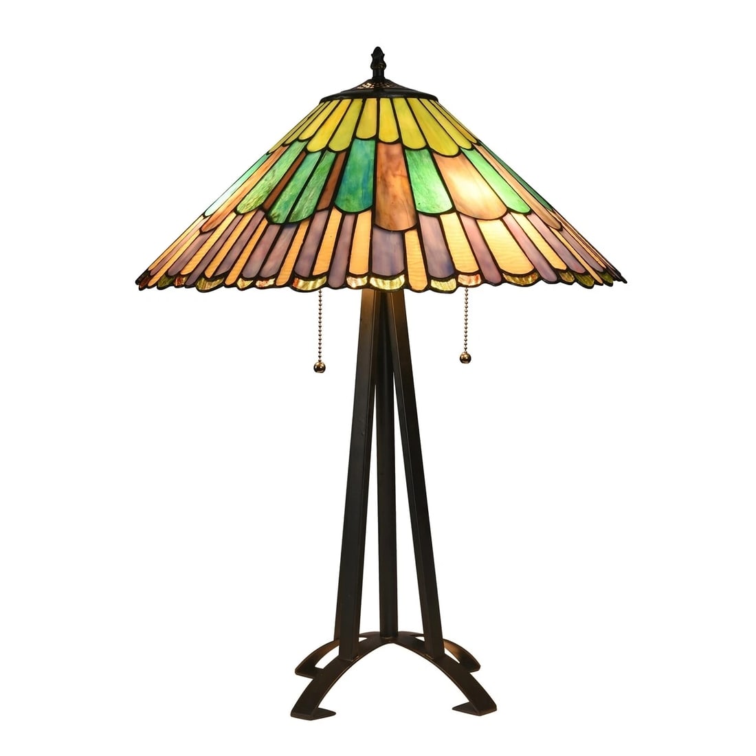 26" 3 light Stained Glass Geometric Mission Table Lamp: 25.8" tall 19.7" wide shade Illuminate your space with the timeless beauty of our reproduction stained glass table Lamp. This exquisite lamp features a hand-made stained glass shade. These captivating