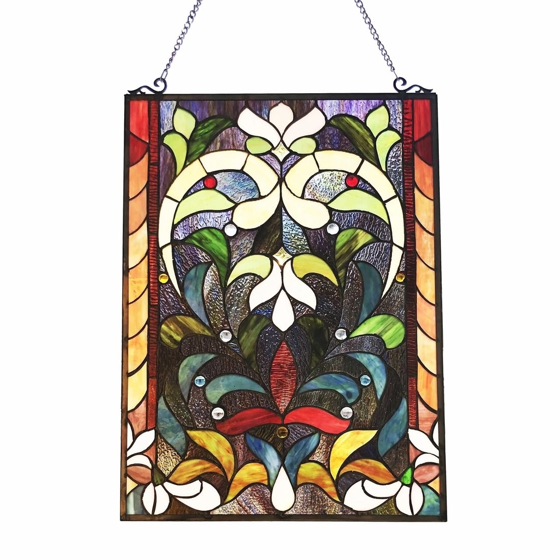 24" Rectangle Stained Glass Hanging Window Pane Suncatcher: 24"x16" Introducing a magnificent reproduction stained glass window panel that radiates timeless beauty. The technique used to make this window is the same used by Louis Tiffany in the early 1900s. Ea